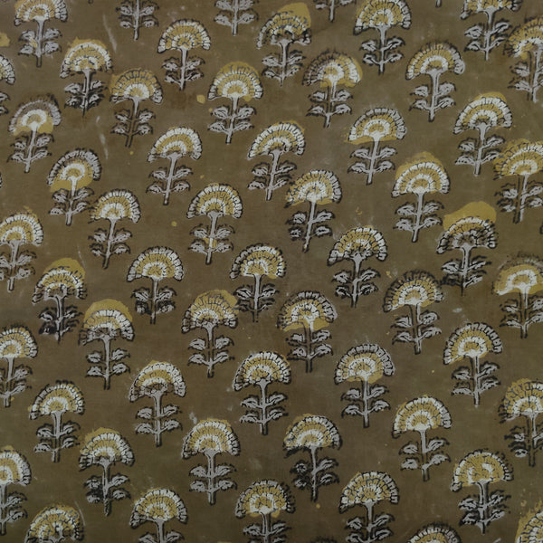 ( Pre-Cut 2 Meter ) Modal Cotton Green Brown With Mushroom Plant Hand Block Print Fabric