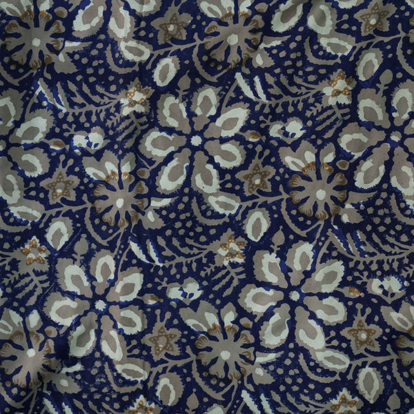 ( Pre-Cut 2.25 Meter )  Modal Cotton Indigo With Kashish Floral Jaal Hand Block Print Fabric