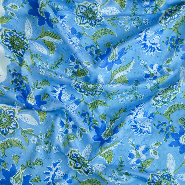 Pre-cut 2.25 meter Modal Cotton Jaipuri Light Blue With Blue Flower Jaal Hand Block Print Fabric