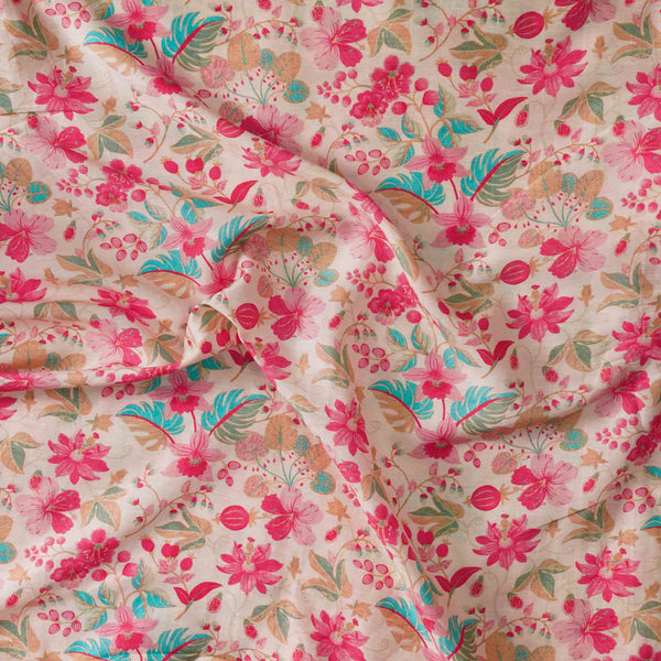 Slub Linen  White With Pink Floral Flower Jaal Hand Block Print Fabric