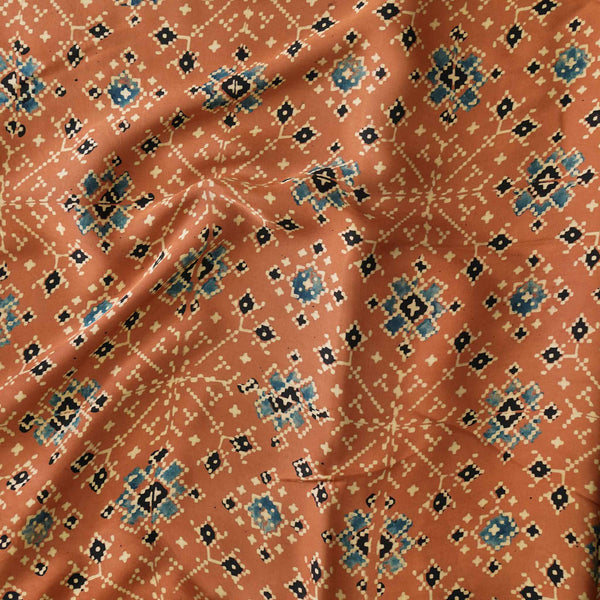 ( Pre-Cut 2.40 Meter ) Modal Silk Ajrak Brown With Blue Black Cream Patola Hand Block Print Fabric