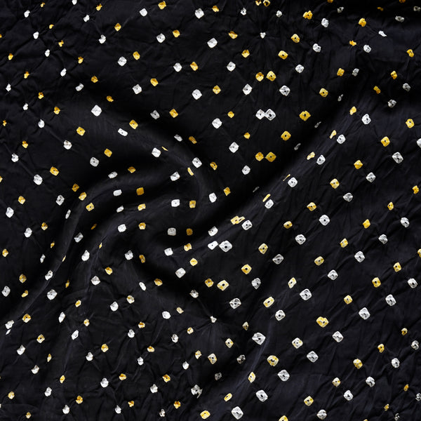 Modal Silk Black With Yellow And White Bandhani  Fabric