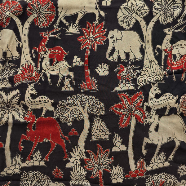 Modal Silk Kalamkari Black Night Jungle View screen Print Fabric