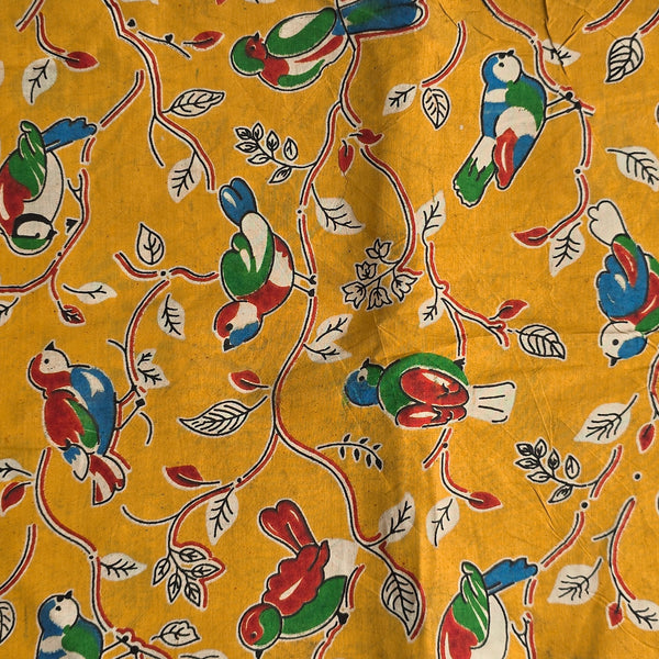 Modal Silk Kalamkari Mustard With Red Birds Sitting On Branch Screen  Print Fabric