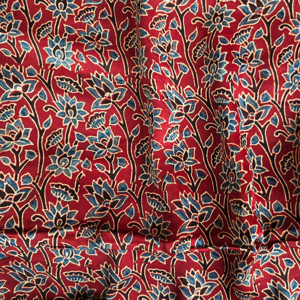 Modal Silk Red With Blue Flower Creeper  Fabric