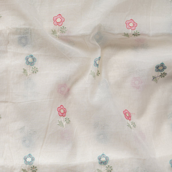 Mul Chanderi Off White With Pink And Blue Flower Motif Woven Fabric