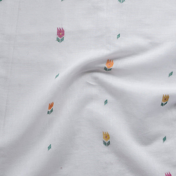 Mul Cotton Jamdani Off White With Pink And Orange Lotus Motif Woven Fabric