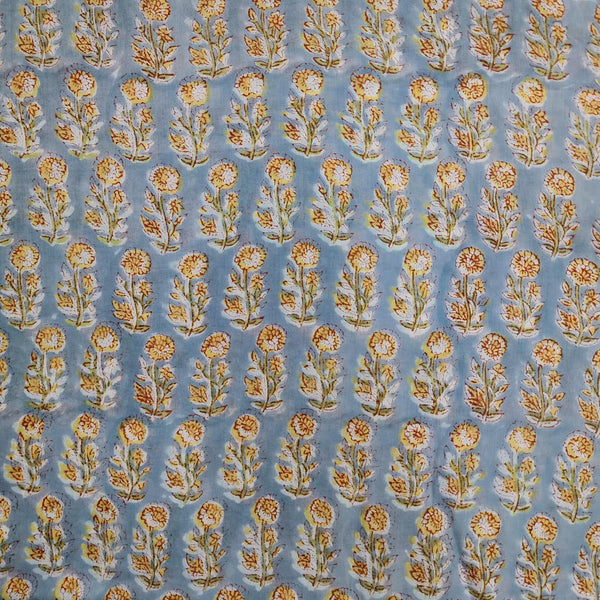 Pre-cut 1.90 meter Mul Pure Cotton Jaipuri Baby Blue With Yellow Flower Motifs Hand Block Print Fabric