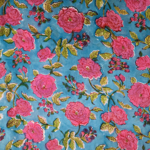 ( Blouse  Piece 1.45 meter) Mul Pure Cotton Jaipuri Blue With Pink And Green Rose Jaal Hand Block Print Fabric