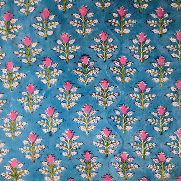 Pre Cut (0.80 Meter) Mul Pure Cotton Jaipuri Blue With Pink Daffodil Flower Motifs Hand Block Print Fabric