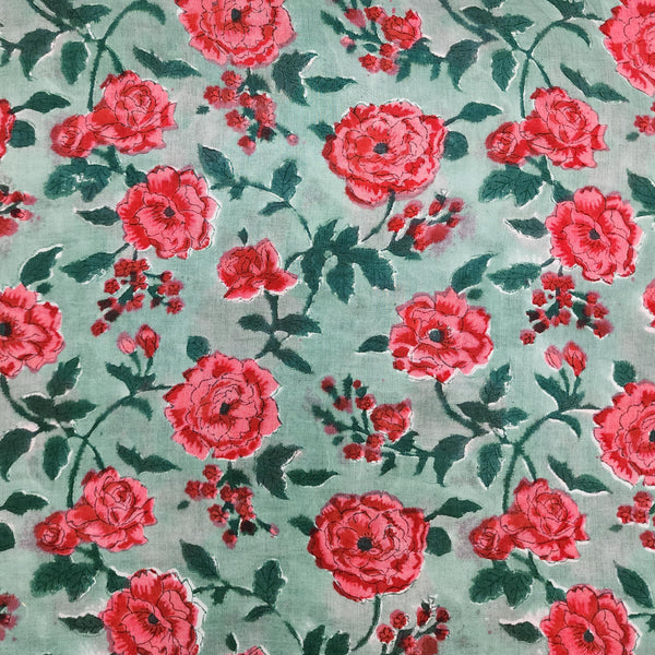 Blouse Piece (0.80 Meter) Mul Pure Cotton Jaipuri Teal Green With Peach With Dark Green Rose Jaal Hand Block Print Fabric