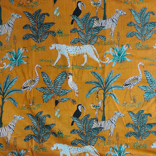 Pure Cotton Mustard With Jungle Screen Print Fabric