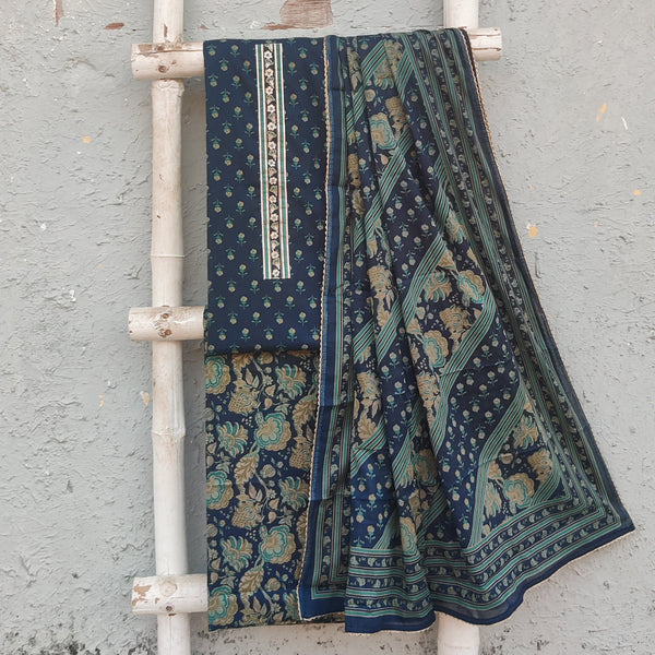 NAIRA-Cotton Navy Blue With Tiny Flower Motif Top And Cotton Intricate Design Bottom And Cotton Dupatta