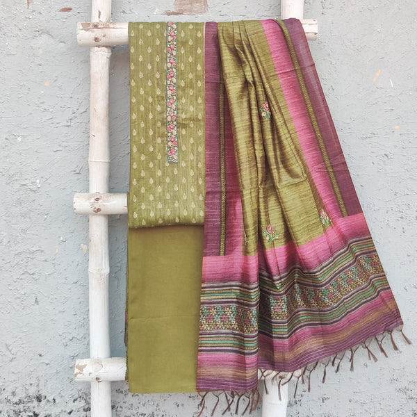 NAIRA-Cotton Silk Mahindi Green With Cream Flower Motif With Neck Emboriderey Top And Plain Rayon Bottom And Cotton Silk Dupatta