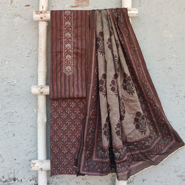 NAIRA-Organza  Brown With Emboriderey Design On Top And Rayon Plain Bottom And Cotton Silk Dupatta