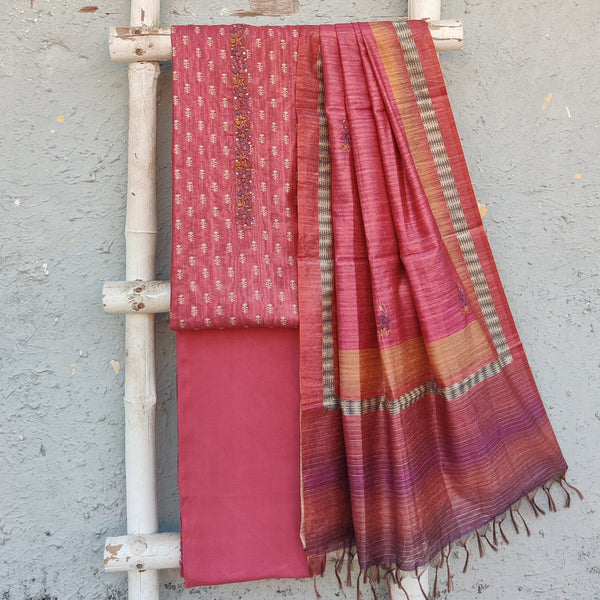 NAIRA-Organza Light Brown With Emboriderey Design On Top And Rayon Plain Bottom And Cotton Silk Dupatta