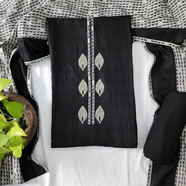 NAIRA-Pure Cotton Black Rayon With Aari Work Design Top And Rayon Black Bottom And Mulsin And Rayon Dupatta