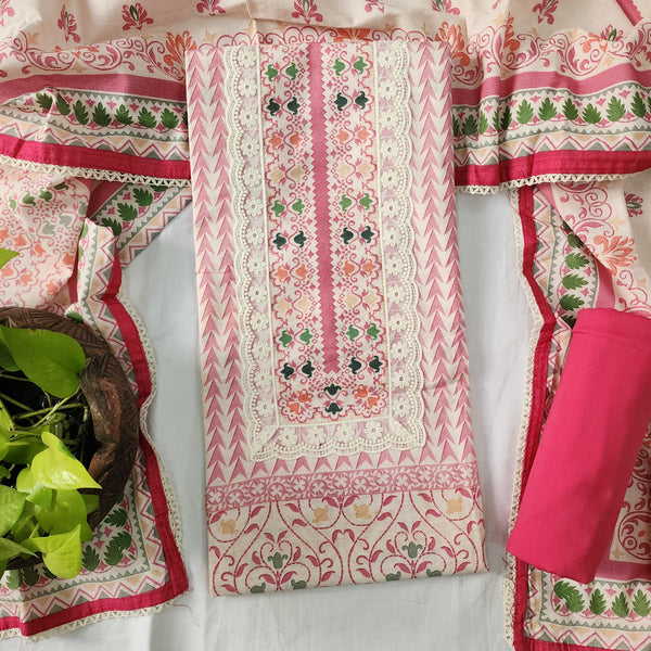 NAIRA-Pure Cotton White And Pink Emboriderey Yoke Top And Pink Pure Cotton Bottom Cotton Dupatta