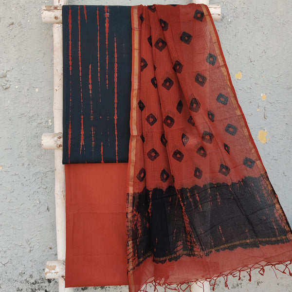 NAMRATA-Pure Cotton Black  And Rust Red Shibori Top And Red Pure Cotton Bottom And Kota Dupatta