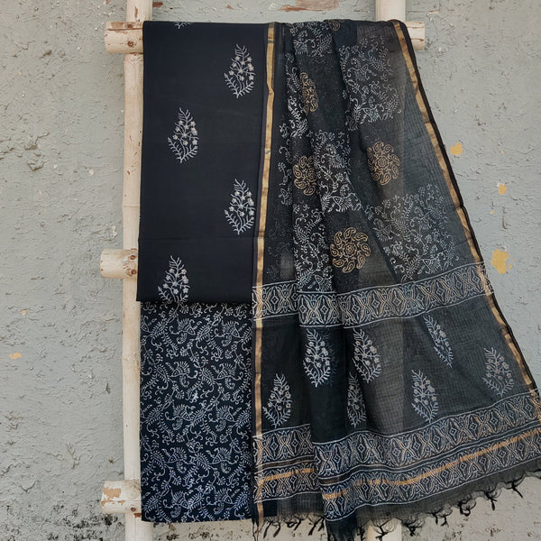 NAMRATA-Pure Cotton Black Plain With Big Flower Motif And Pure Cotton Black And  White Bottom And Kota Dupatta