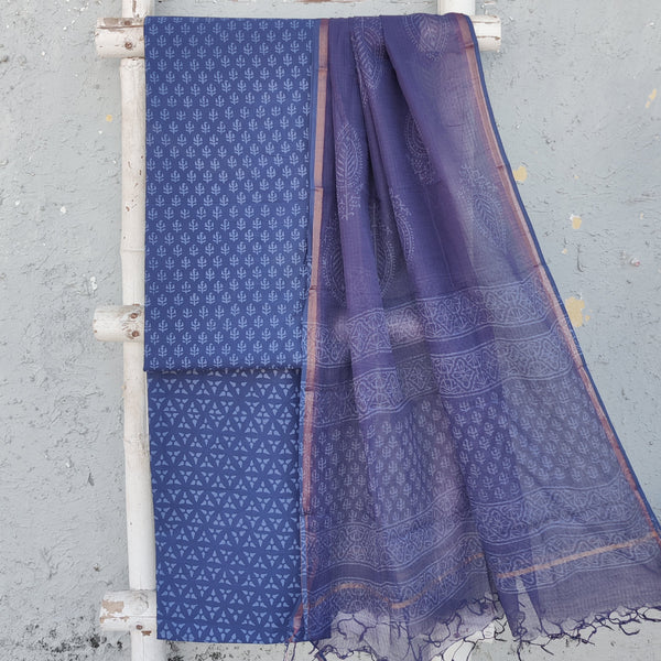 NAMRATA-Pure Cotton Dabu Blue With Design Top And Cotton Bottom Blue  Design Kota Dori Dupatta