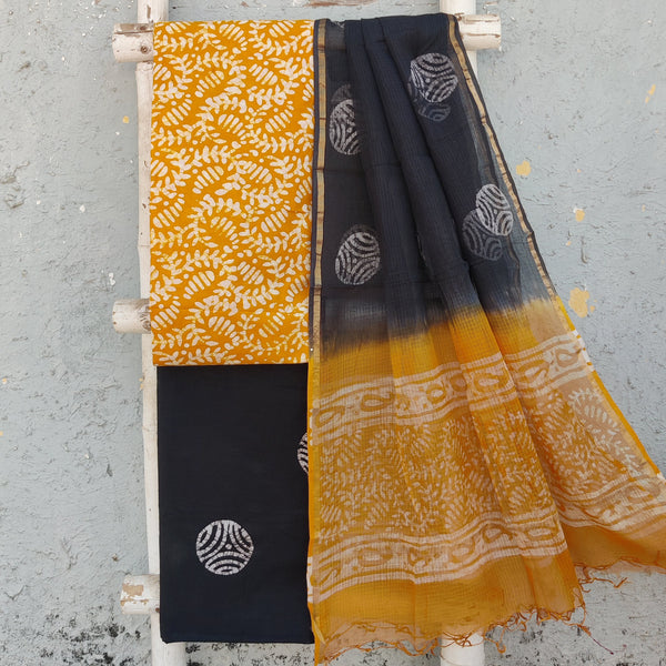 NAMRATA-Pure Cotton Dabu Mustard With White Jaal Top And Cotton Bottom Black With White Design Kota Dori Dupatta