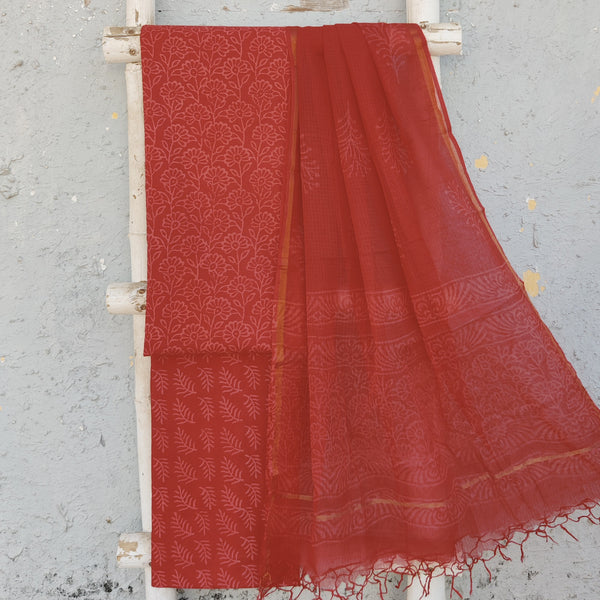 NAMRATA-Pure Cotton Dabu Orange With Design Top And Cotton Bottom Orange Design Kota Dori Dupatta