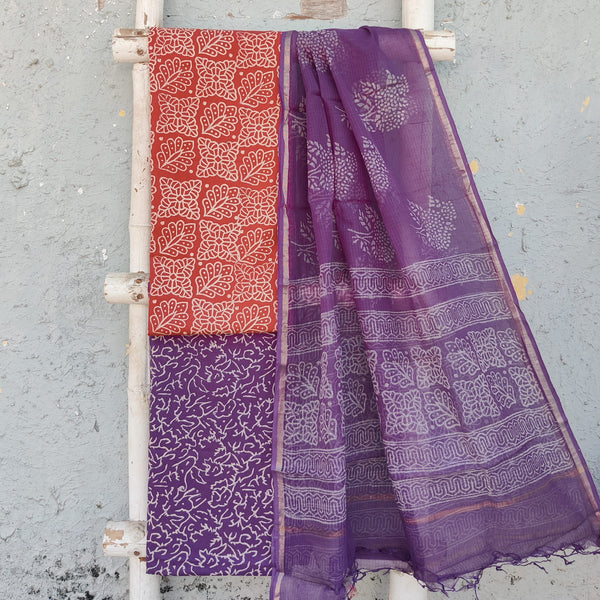 NAMRATA-Pure Cotton Dabu Orange With White Design Top And Cotton Bottom Purple Design Kota Dori Dupatta