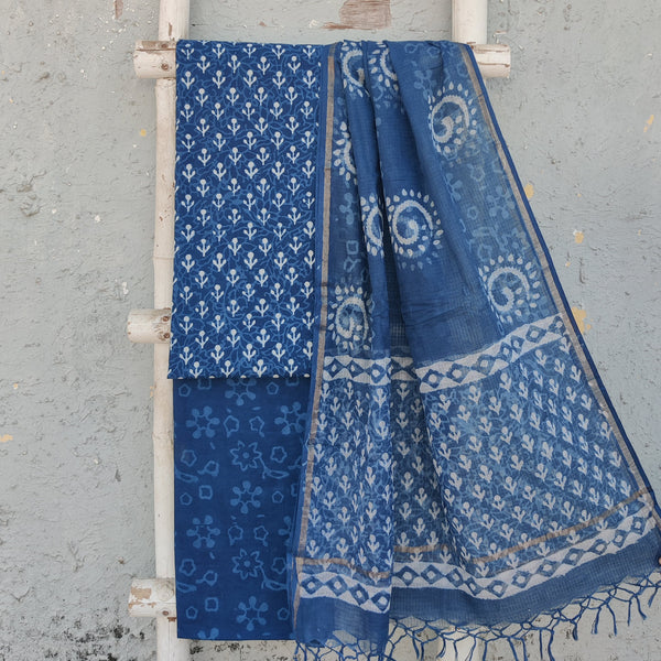 NAMRATA-Pure Cotton Indigo Blue With White Design Top And Cotton Bottom Blue Design Kota Dori Dupatta