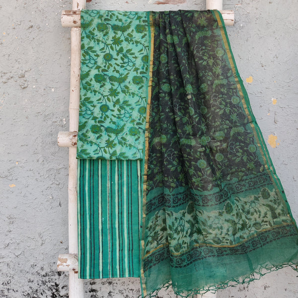 NAMRATA-Pure Cotton Vansapati Green Intricate Design Top And Pure Cotton Green Stripes Bottom And Kota Dupatta