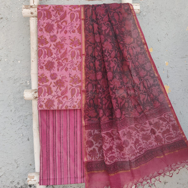 NAMRATA-Pure Cotton Vansapati Pink Intricate Design Top And Pure Cotton Pink Stripes Bottom And Kota Dupatta