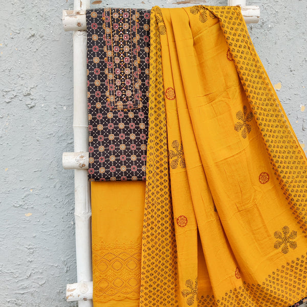 NEETA-Pure Cotton Black Top And Mustard Hakoba Border Bottom And Cotton Dupatta