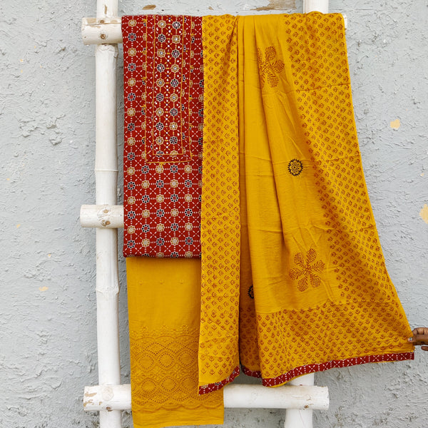 NEETA-Pure Cotton Red Top And Mustard Hakoba Border Bottom And Cotton Dupatta