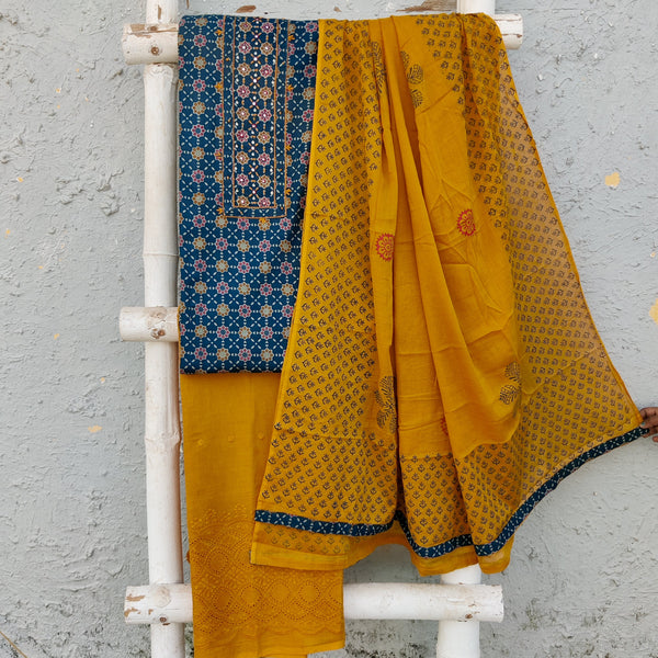 NEETA-Pure Cotton Teal Green Top And Mustard Hakoba Border Bottom And Cotton Dupatta