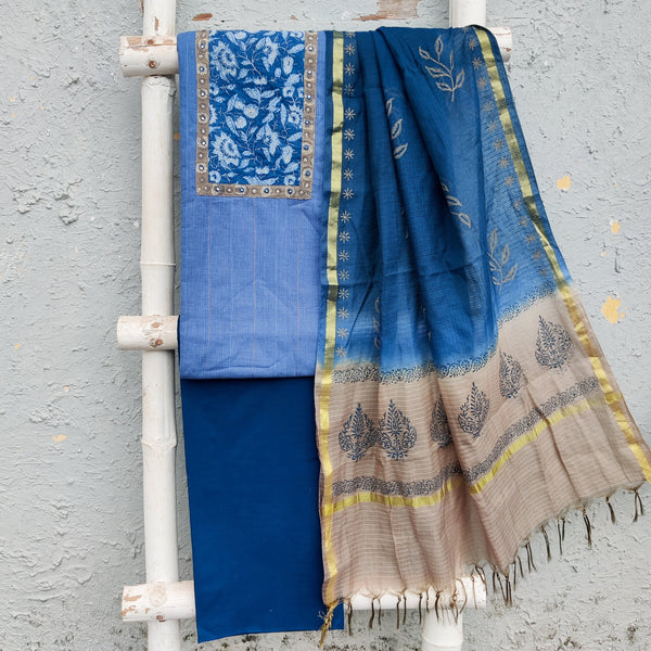 NIDHI-Pure Cotton Dark Blue With Indigo Yoke And Plain Dark Blue Bottom And Kota Dupatta