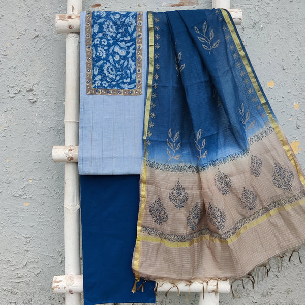 NIDHI-Pure Cotton Light Blue With Indigo Yoke And Plain Dark Blue Bottom And Kota Dupatta