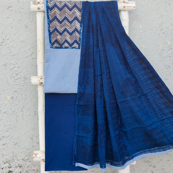 NIDHI-Pure Cotton Light Blue With Indigo Zig-Zag Yoke Top And Ink Blue Bottom And Cotton Dupatta