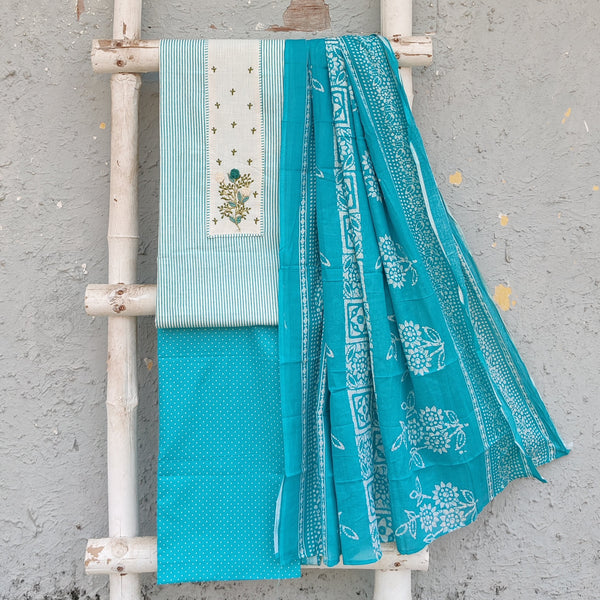 NIGAH-Pure Cotton Blue With White Emboriderey Design Top And Blue With White Tiny Dots Cotton Bottom And Cotton Dupatta