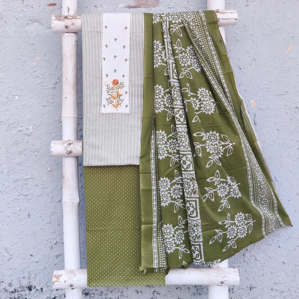 NIGAH-Pure Cotton Off White Emboriderey Design Top And Plain Mehindi Bottom And Cotton Dupatta