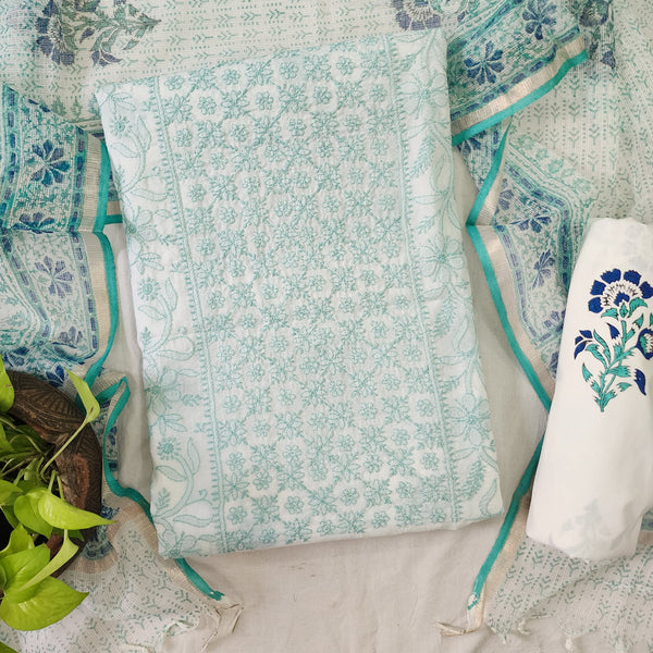 NISHKA-Pure Cotton White With Blue Chickan Kari Top And White And Flower Motif Cotton Bottom And Kota Dori Dupatta