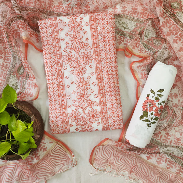 NISHKA-Pure Cotton White With Peach Chickan Kari Top And White And Flower Motif Cotton Bottom And Kota Dori Dupatta