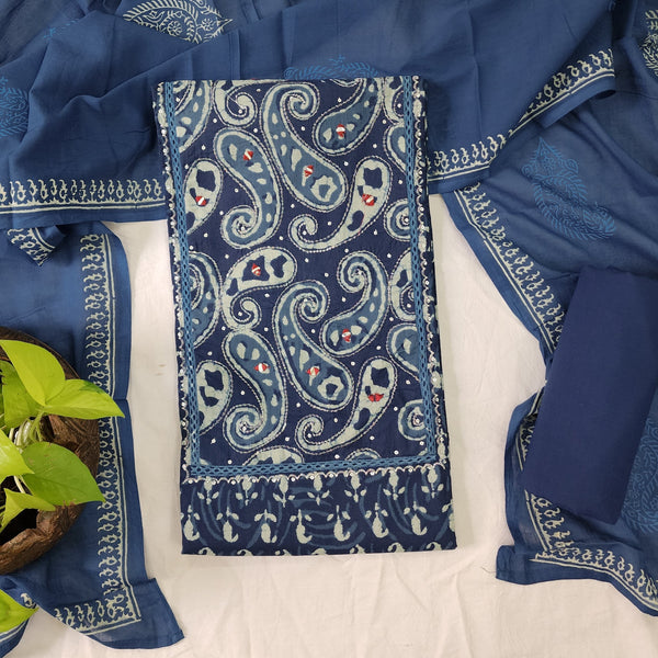 PARI-Pure Cotton Blue With White Intricate Design Yoke Top And Blue Plain Bottom And Cotton Dupatta Suit