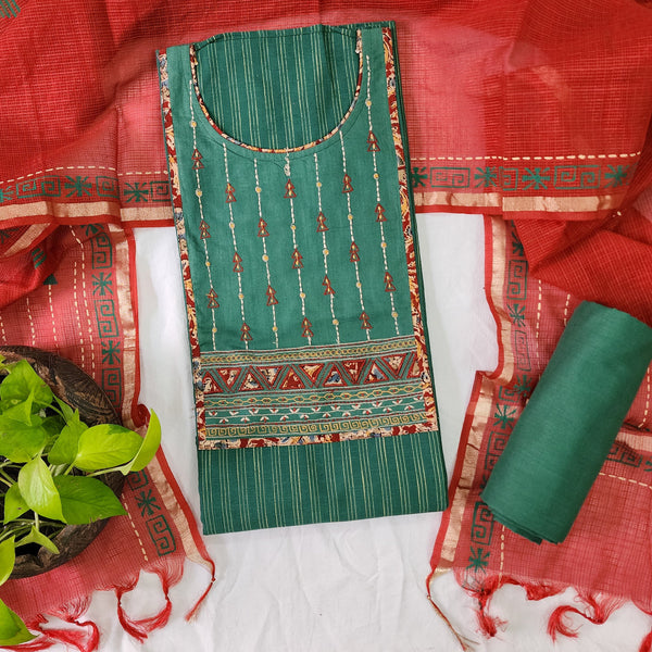 PARI-Pure Cotton Green With Red Kalamkari Emboidery Intricate Design Yoke Top And Green Plain Bottom And Kota Dori Dupatta Suit