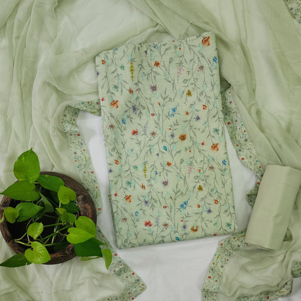 PARI-Pure Cotton Light Green And Flower Top And Plain Rayon Bottom And Chiffion Dupatta Suit