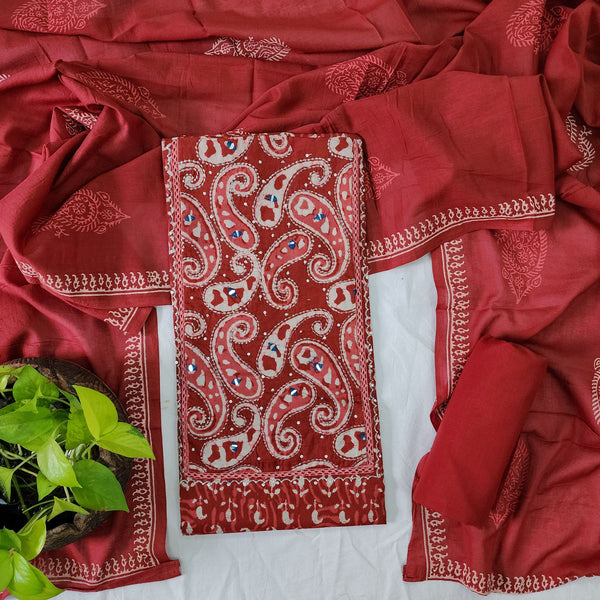 PARI-Pure Cotton Red With White Intricate Design Yoke Top And Red Plain Bottom And Cotton Dupatta Suit