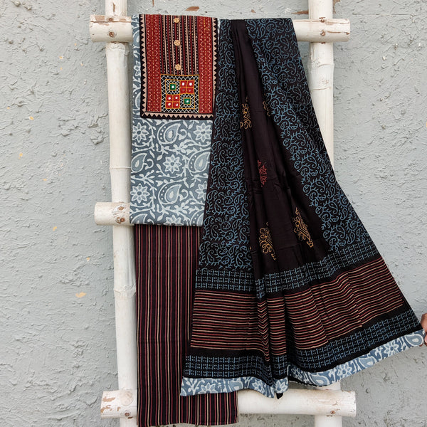 PIYA-Pure Cotton Dabu Dark Grey With Red And Green Emboriderey Yoke And Black With Red And Cream Stripes Bottom And Cotton Dupatta