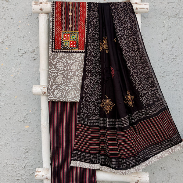 PIYA-Pure Cotton Dabu Grey With Black With Red And Green Emboriderey Yoke And Black With Red And Cream Stripes Bottom And Cotton Dupatta