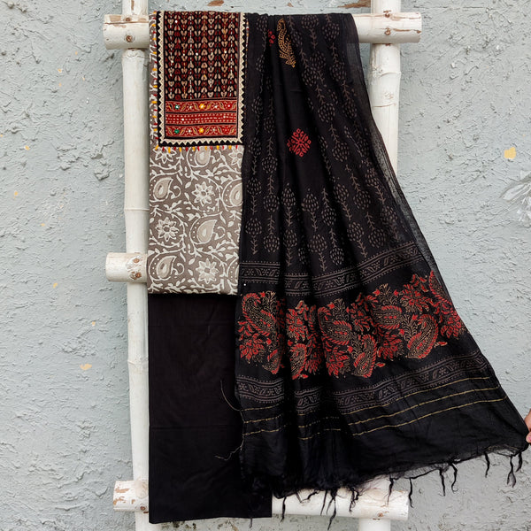 PIYA-Pure Cotton Dabu Grey With Black With Red Emboriderey Yoke And Black Plain Bottom And Chanderi Dupatta