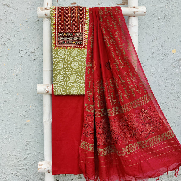 PIYA-Pure Cotton Dabu Light Green With Red Emboriderey Design Yoke And Plain Bottom And Chanderi Dupatta