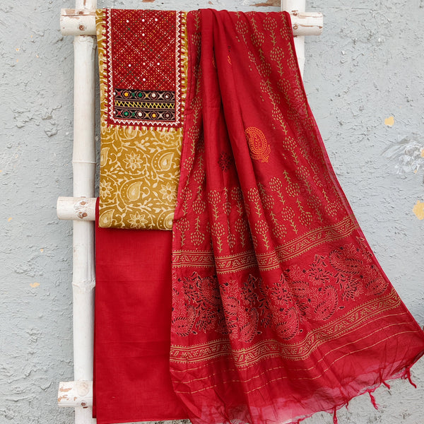 PIYA-Pure Cotton Dabu Mustard With Maroon Emboriderey Yoke And Plain Maroon Bottom And Chanderi Dupatta